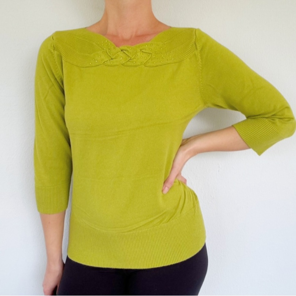 Vintage RQT chartreuse lime braided rhinestone neckline 3/4 sleeve sweater large